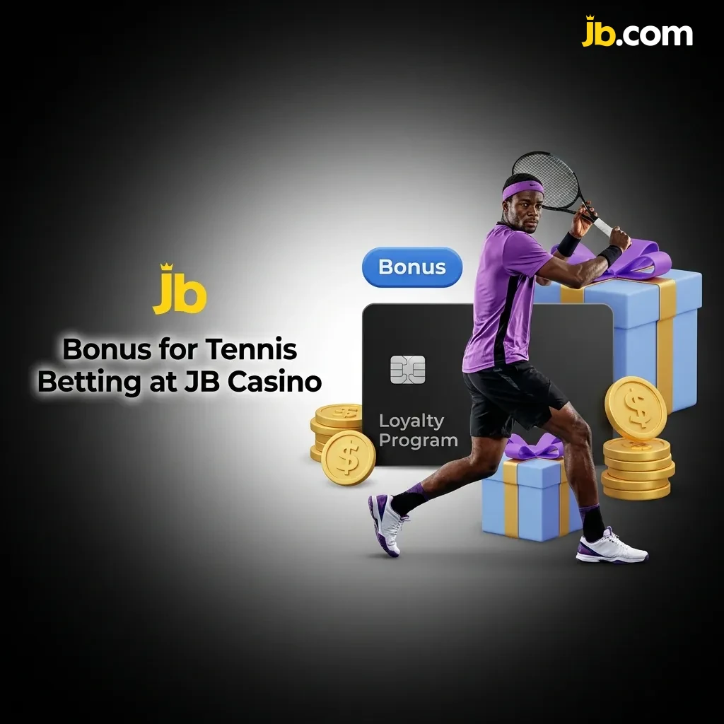 Tennis player on court with welcome bonus banner for JB Casino sports betting promotion