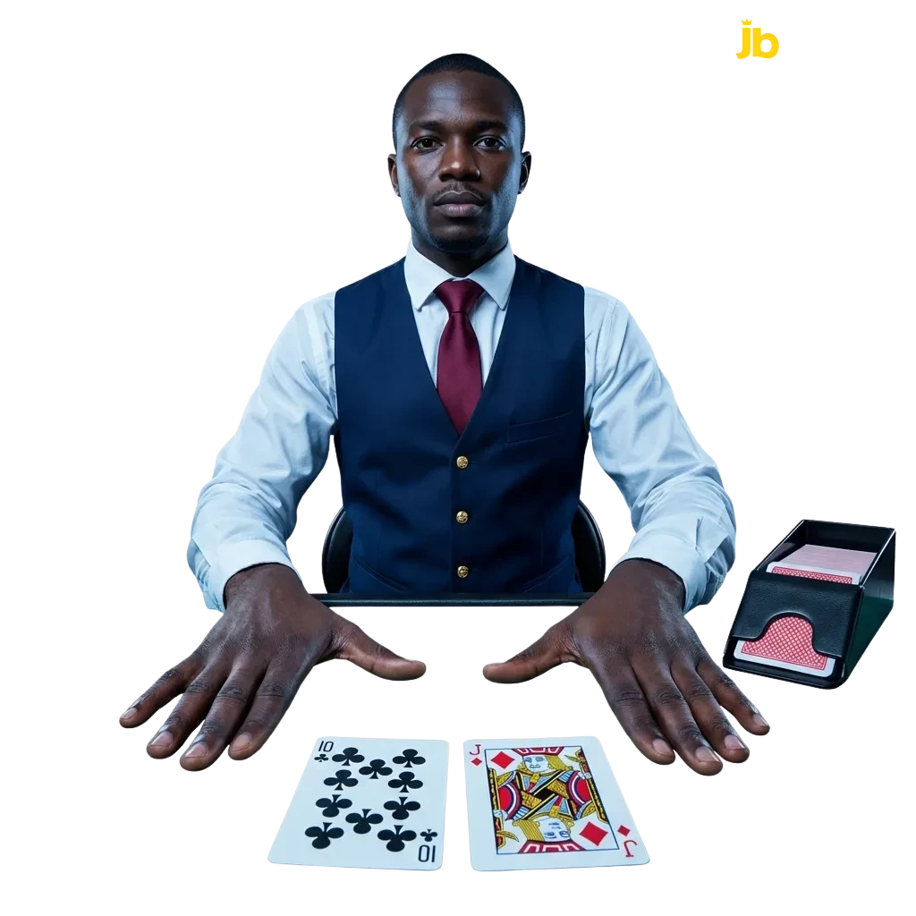 Professional live dealer at casino table with cards and chips, streaming real-time gameplay at JB Casino