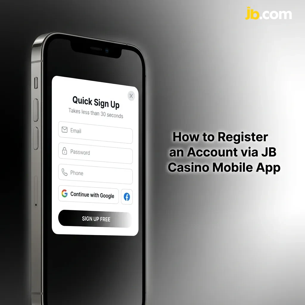 JB Casino mobile app registration screen showing sign-up form with fields for email, password, and currency selection