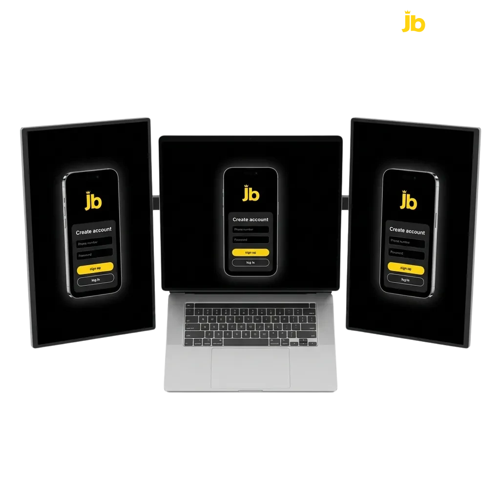 JB Casino registration interface showing login form and verification steps for Gambian players to access games and betting.