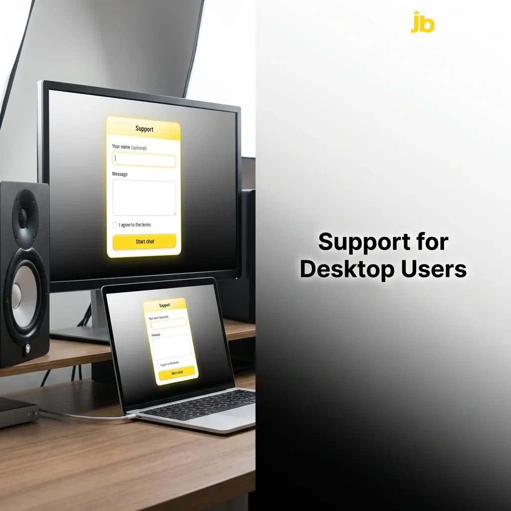 JB Casino desktop support options including 24/7 live chat, email, phone, and social media contact methods