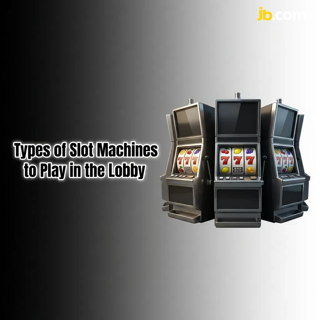Various colorful slot machines in JB Casino lobby showing classic, video, progressive jackpot, and bonus game types